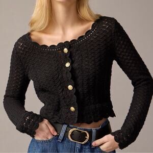 J. Crew Collection Black Crochet Cardigan Sweater Scallop Trim Open Knit Crop S